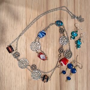 Silver and Blue Beaded Necklace and Earring Set